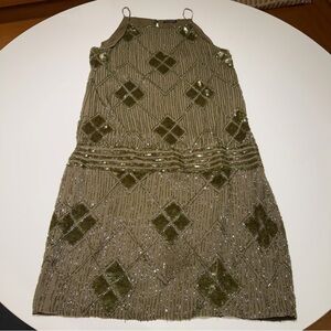 Massimo Dutti Flapper Art Deco 1920s Shift Mini Dress in Olive w Sequin Accents